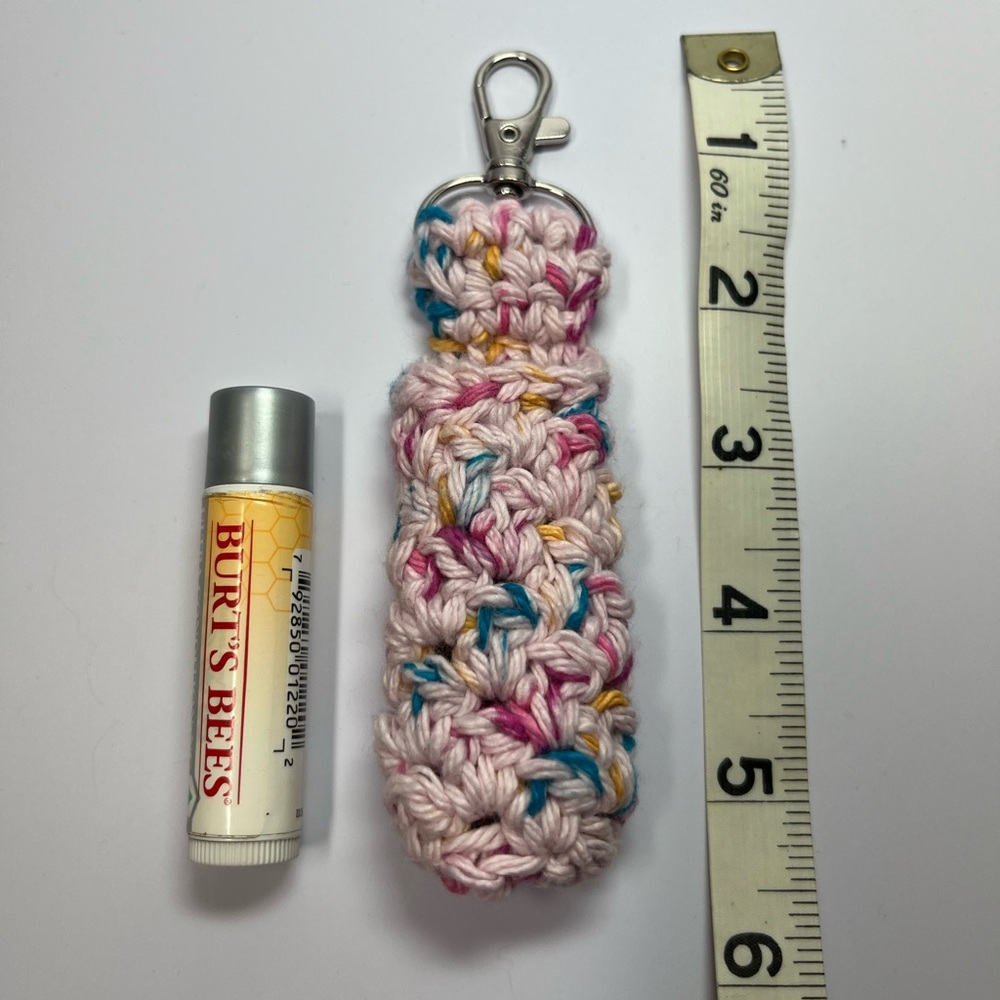 Handmade Crochet Lip Gloss Holder Keychain Approx 5-1/2” long Pink Multi